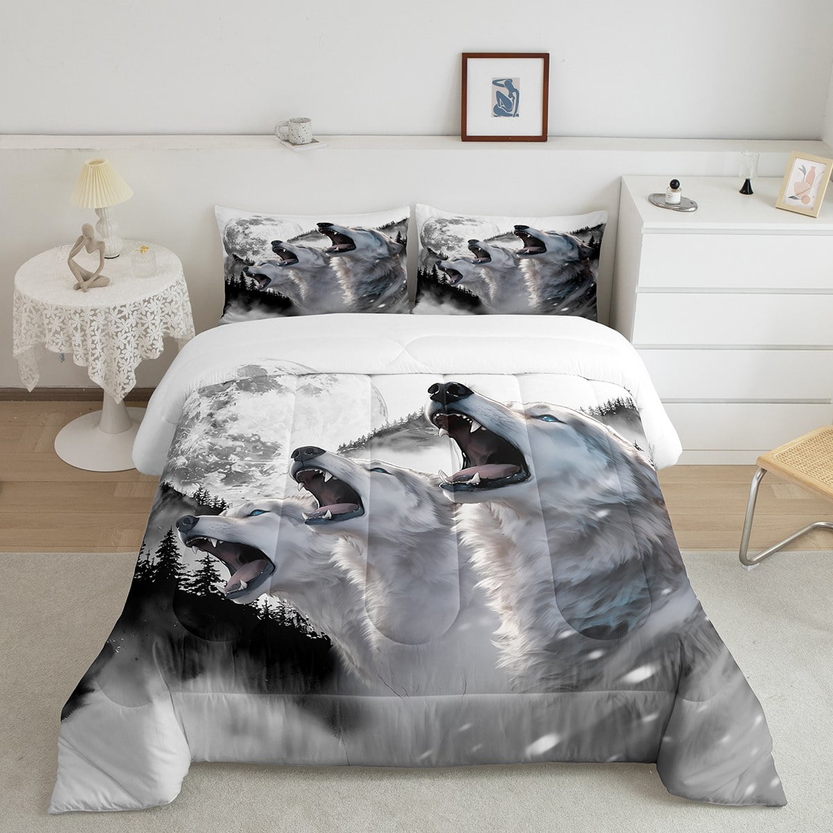 YST Howling Wolf Comforter Set Moon Wolves Woodland Animal Bedding Comforters & Sets, Twin Size