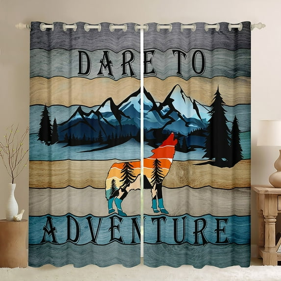 Erosebridal Howling Wolf Curtains & Drapes Jungle Wild Animal Blackout Curtains, Turqoise Blue Grey Stripe Curtains Rustic Lodge Cabin Farmhouse Bedroom Curtains Minimalism Mountain Window Drapes
