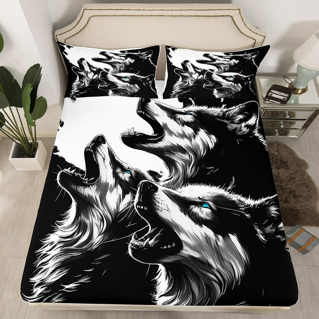Erosebridal Howling Wolf Fitted Sheet 3D Animal Print Wolves Bedding Set Room Decor, Watercolor Wolf Themed Bed Sheets Oil Painting Sheets Queen 3Pcs, Black White