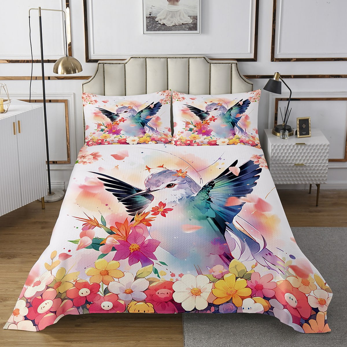 YST Hummingbird Bedspread Set King for Girls Kawaii Bird Quilt Set Boho