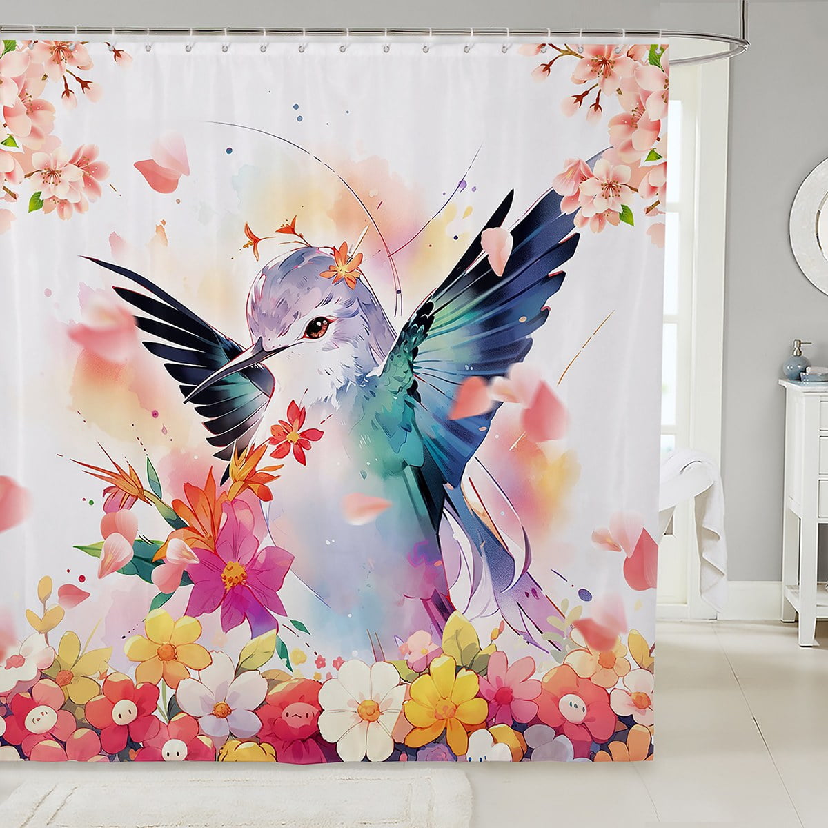 YST Hummingbird Shower Curtain 72"Wx78"L for Girls Kawaii Bird Fabric