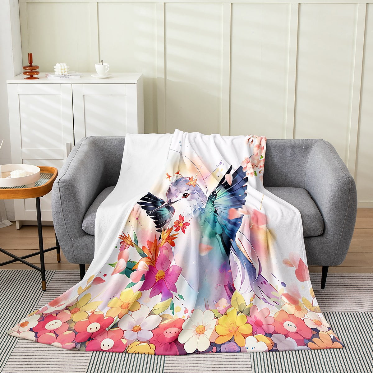 Hummingbird Throw Blanket Romantic Floral Fleece Blanket Queen 90x90 ...