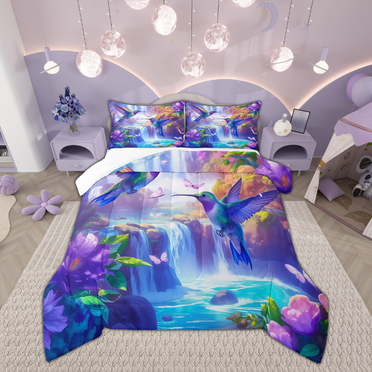 Erosebridal Hummingbird Bedding Sets,Rainbow Birds Comforter Set,Pink Butterfly Bedding Comforter Sets,Kawaii Animal Duvet Set,Spring Themed Quilted Duvet,Cozy For All Season