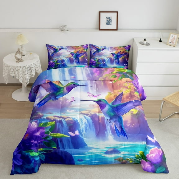 Hummingbird Twin Bedding Sets,Rainbow Birds Comforter Set,Pink Butterfly Bedding Comforter Sets ,Kawaii Animal Duvet Set,Spring Themed Quilted Duvet,Cozy For All Season