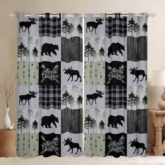 Erosebridal Hunting Bear Deer Curtains, Buffalo Plaid Curtains & Drapes 42"Wx84"L 2 Panels, Rustic Cabin Patchwork Blackout Curtains Teens Adult, Farmhouse Woodland Window Treatments