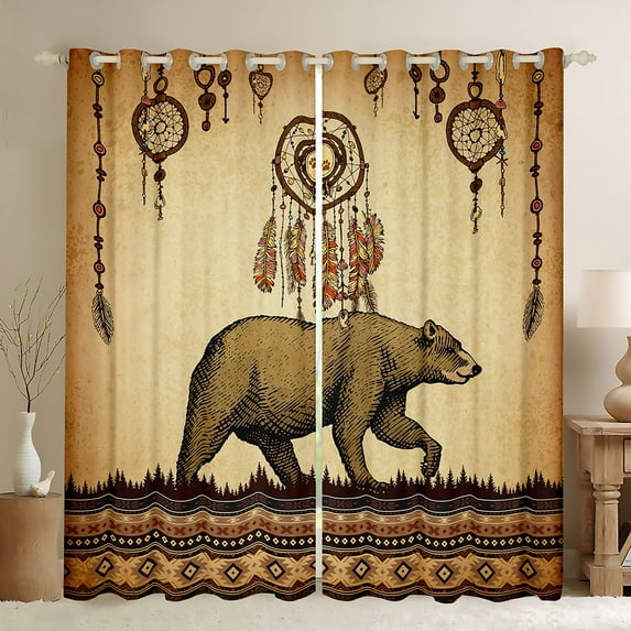 Hunting Bear Window Curtains Vintage Dream Catcher Curtains & Drapes 52x84 inch Western India Geometric Aztec 30%-50% Blackout Curtains Retro Tribal Feathers Curtains for Living Room