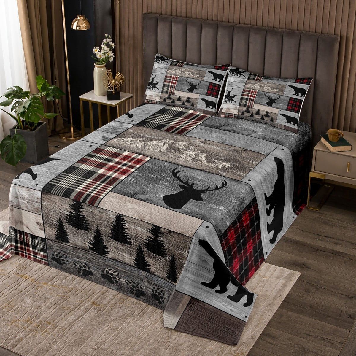 YST Hunting Deer Bear Coverlet Set Queen, Rustic Elk Woodland Animal ...