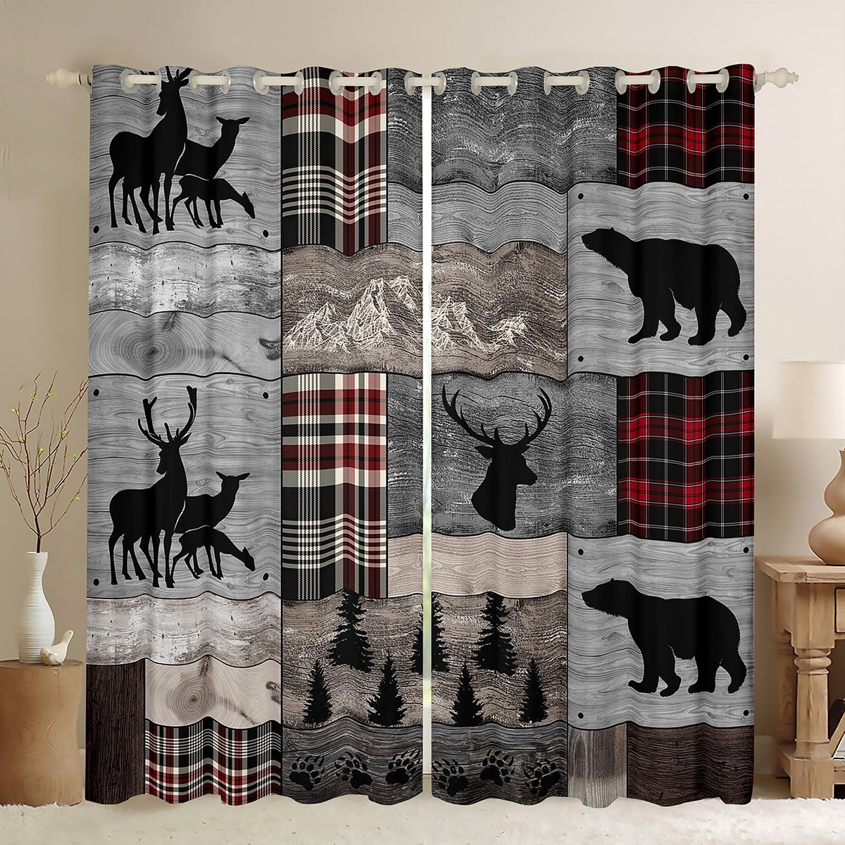 YST Hunting Deer Bear Curtains & Drapes, Rustic Elk Woodland Animal Blackout Curtains Farmhouse