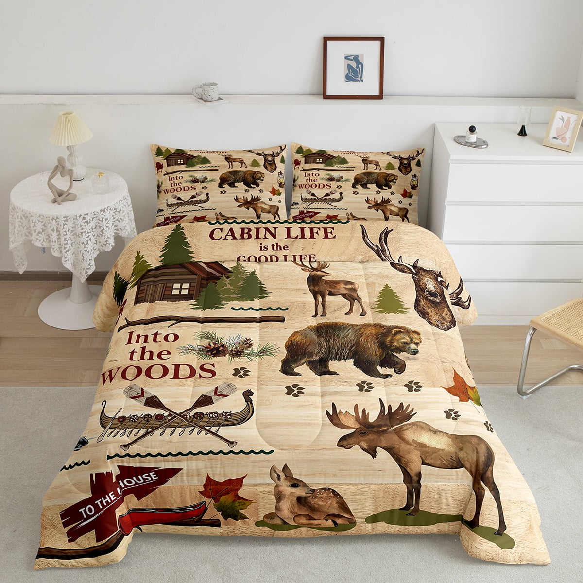 YST Hunting Deer Comforter Set Full, Retro Cabin Bedding Comforter Sets For Kids Boys Teens