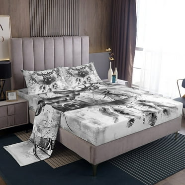 YST Hunting Deer Moose Bed Sheets Set Jungle Animal Sheet Set for Kids Teens, Bohemian Dreamcatcher Bed Set Grey Ombre Twin Sheets, Rustic Farmhouse Bedding Set