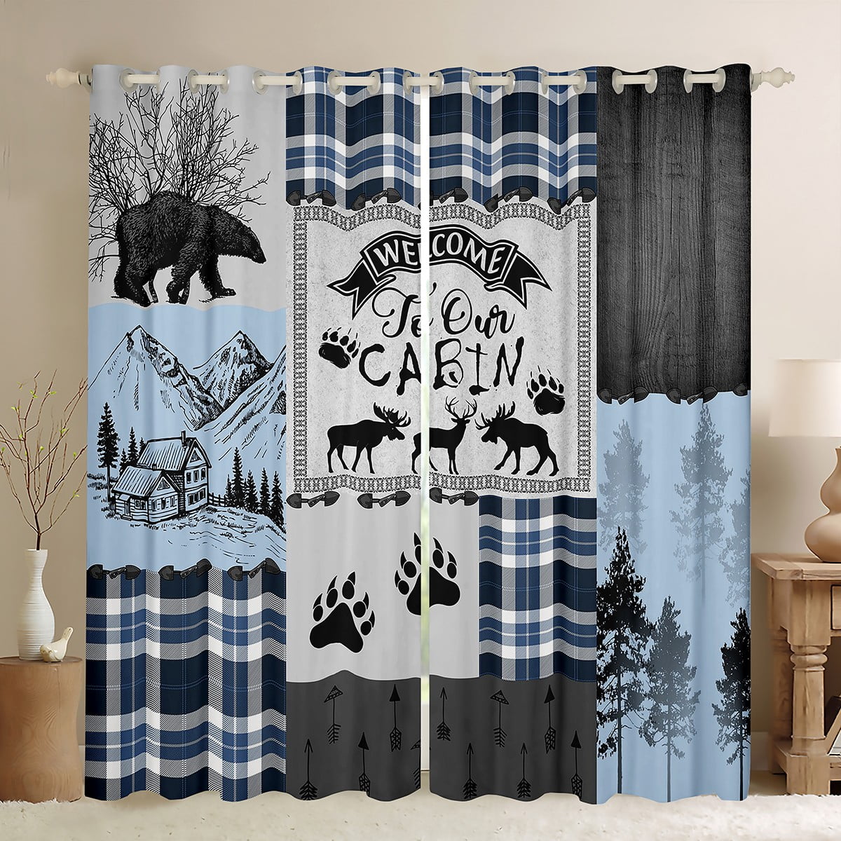 Kazynee Black Bear Plaid Blackout Curtains - Thermal Insulated, 2 Panels 72"L X 31.5"W, Rustic Cabin Decor