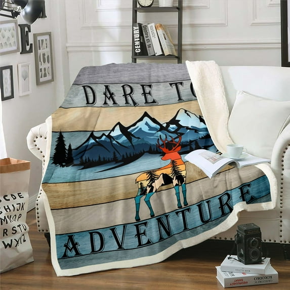 Hunting Deer Sherpa Blanket Woodland Animal Blanket, Wild Moose Elk Throw Blanket for Chair Vintage Barn Door Stripe Fleece Blanket, Rustic Farmhouse Lodge Cabin Plush Blanket
