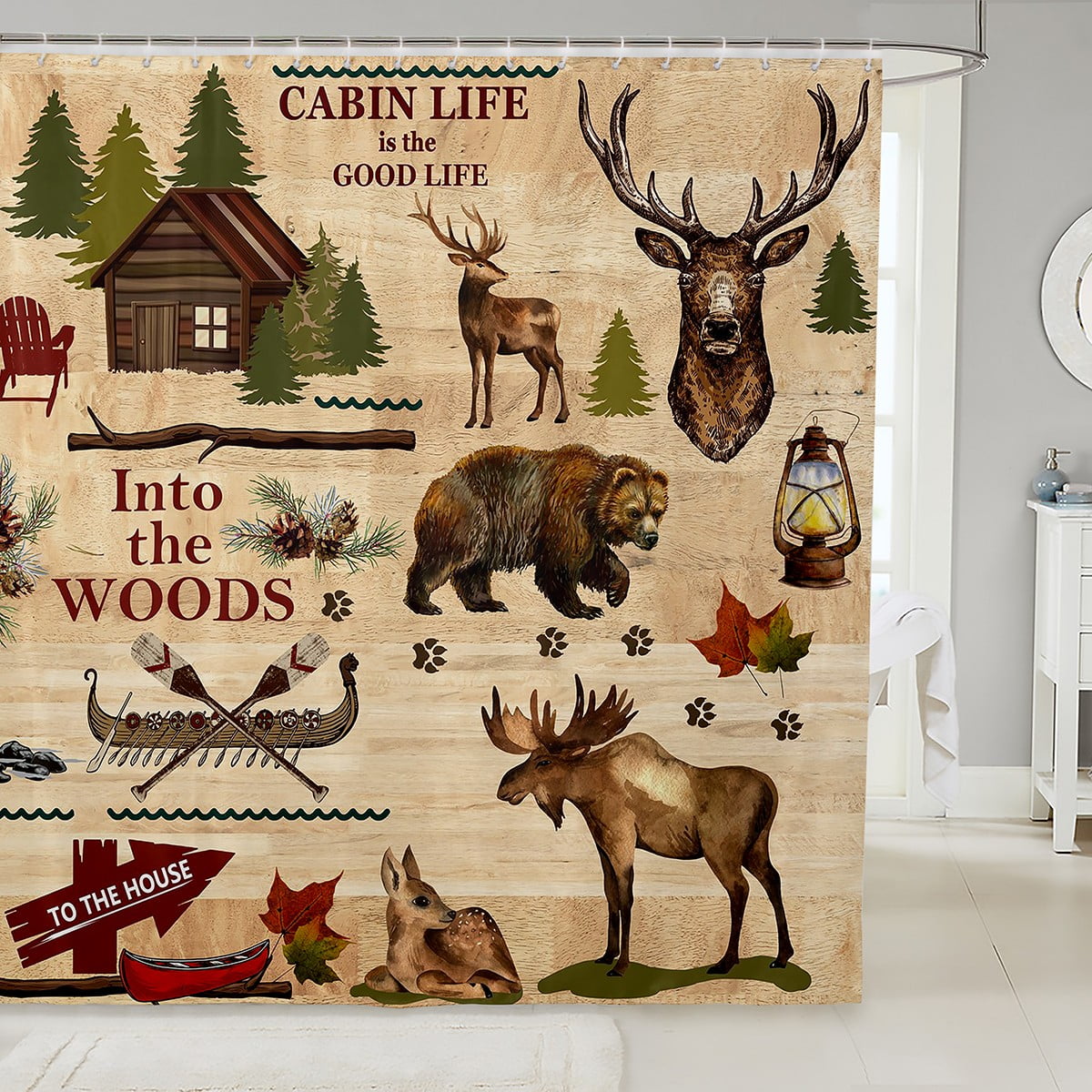 YST Hunting Deer Shower Curtain 72" W X 84" L,Retro Cabin Bathtub