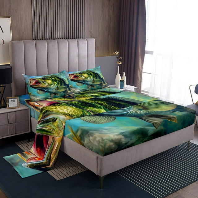 YST Hunting and Fishing Theme Queen Size Sheet Sets Pike Bass Fish