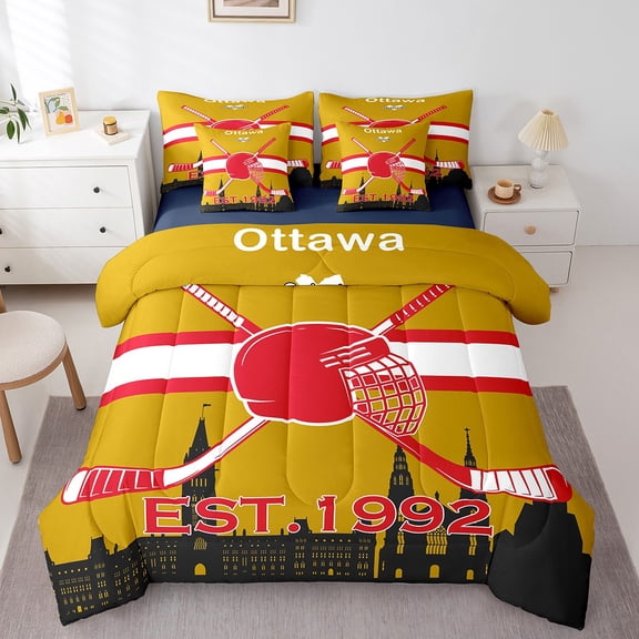 Erosebridal Ice Hockey 7 Piece Bedding Sets Hockey Comforter Bed in a Bag Winter Sports Printed Quilt with Sheet Set,for Hockey Player Teen Bedroom Decor,Twin 7Pcs,Ottawa
