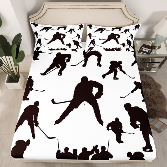 Ice Hockey Bed Sheets Queen, Sports Game Event Fitted Sheet,Hockey Player Bedding Set Teens,Winter Sports Hockey Puck Bed Set with 2 Pillowcases Wrinkle Free Bedroom Decor,Black