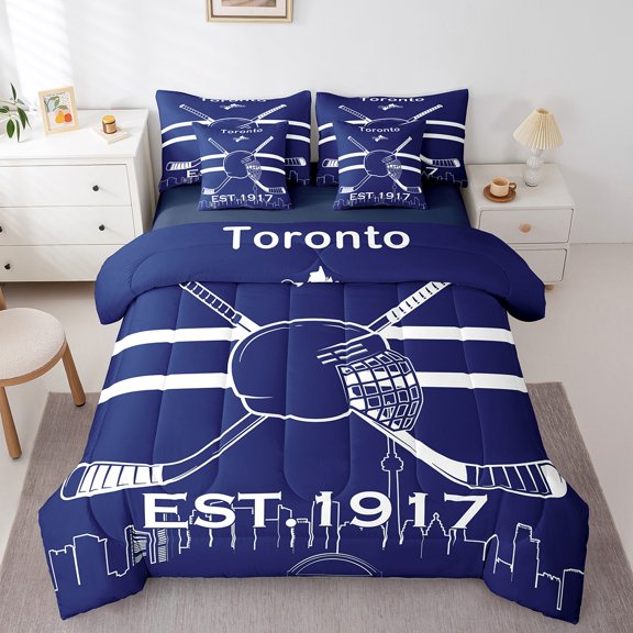 Ice Hockey Bedding 7PCS Twin Size Comforter Sets Hockey Bedding Sets Winter Sports Bed in a Bag(1Comforter,1Flat Sheet, 1Fitted Sheet, 2Pillowcases,2 Throw Pillow Covers),Toronto