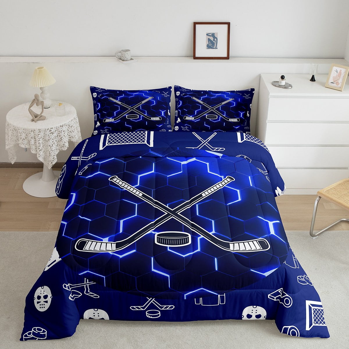 YST Ice Hockey Bedding Set Blue Neon Hockey Queen Comforter