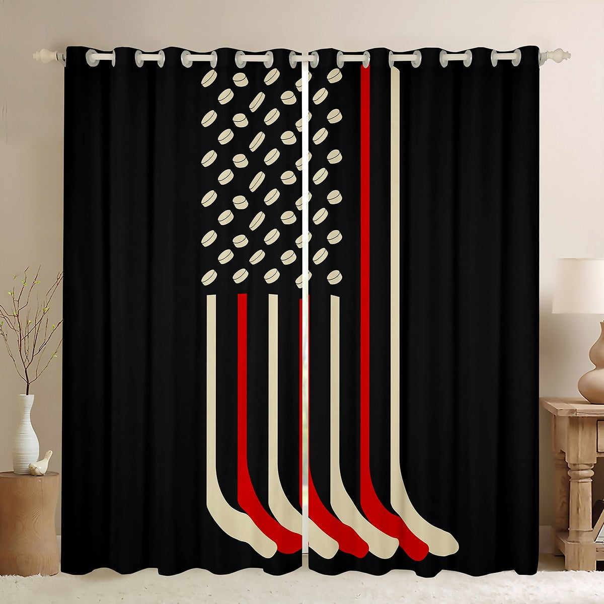 Ice Hockey Blackout Curtains - 2 Panels 42x84 Inches, Sport Themed Window Drapes For Bedroom, Living Room, Hockey Fan Decor