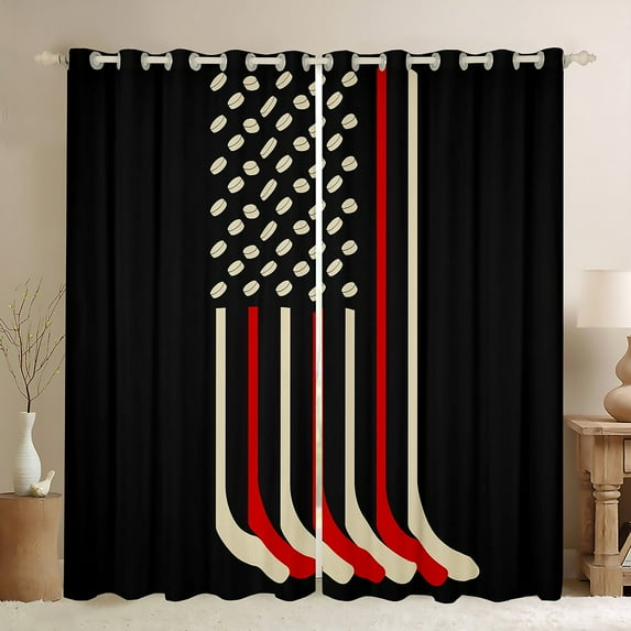 Erosebridal Ice Hockey Curtains & Drapes American Flag Blackout Curtains, Black Red Beige Curtains Hockey Bat Black Out Curtains, Teens Sports Window Drapes Ice Hockey Player Bedroom Decor