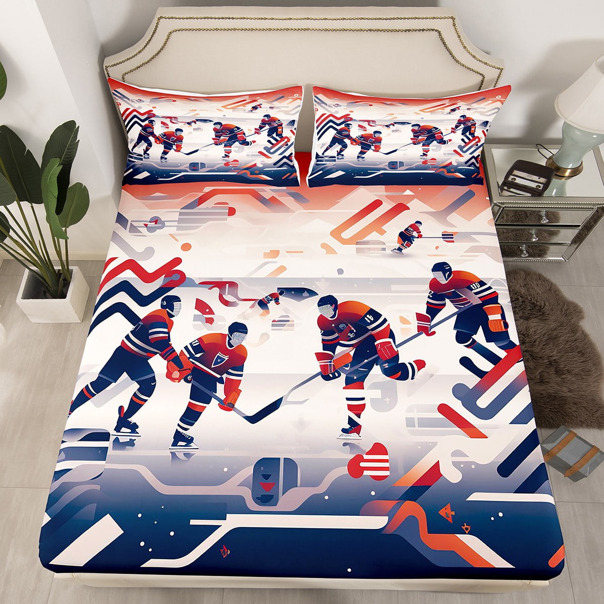 YST Ice Hockey Fitted Sheet,Hockey Player Bed Sheets Twin,Winter Sports Game Bed Set for Kids