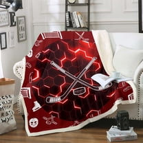 Ice Hockey Fleece Bed Blanket For Couch Throw 50"X60" Red Black White Sports Throw Blanket Geometric Honeycomb Sherpa Blanket Hexagon Hockey Lightweight Fuzzy Blanket