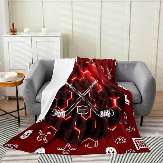 Ice Hockey Fleece Blanket Queen 90x90 inch,Red Black White Winter Sports Throw Blanket for Teen ,Geometric Honeycomb Bed Blanket,Hexagon Hockey Flannel Blanket Lightweight Warm