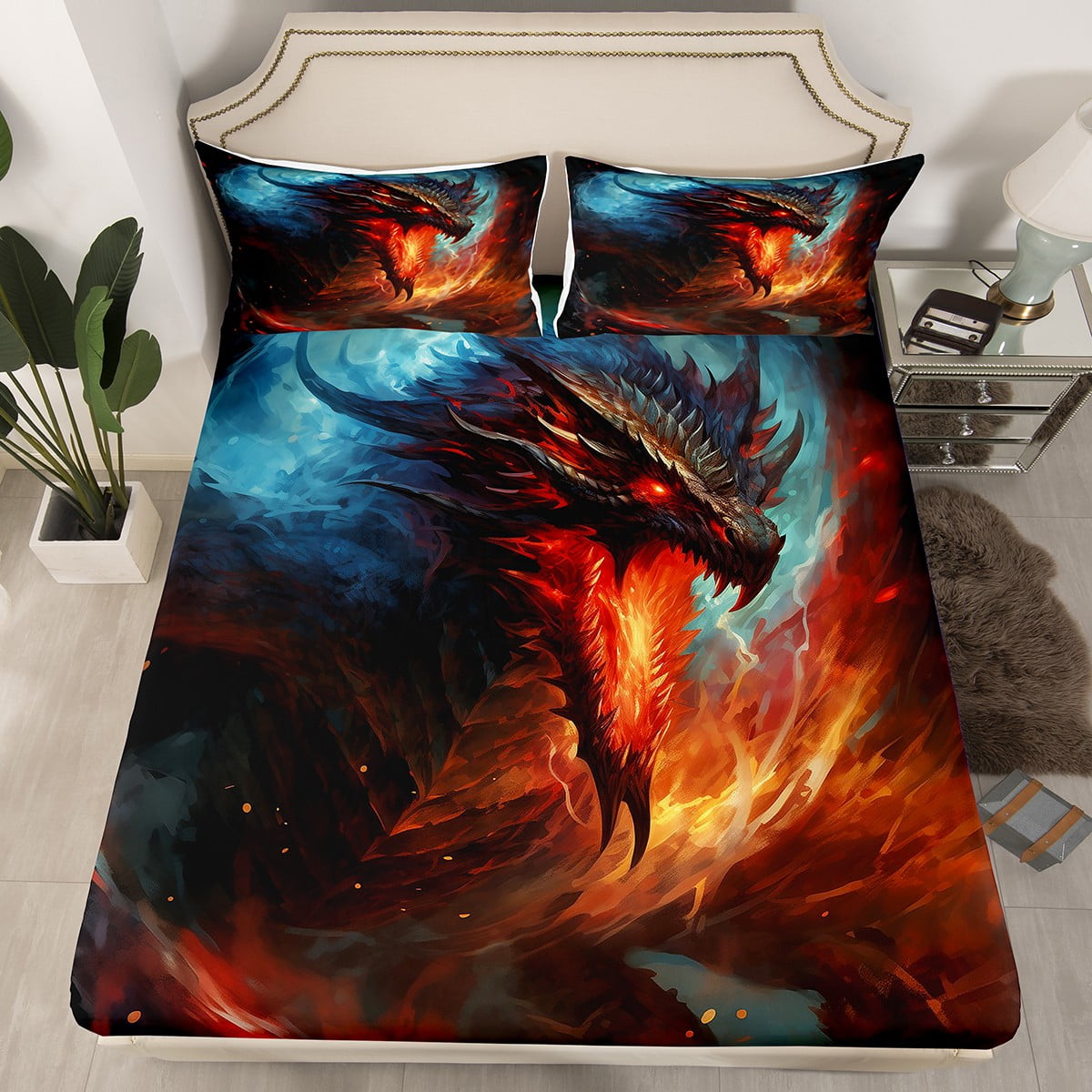 YST Ice and Fire Dragon Bed Sheets Mysterious Flying Dragon Fitted