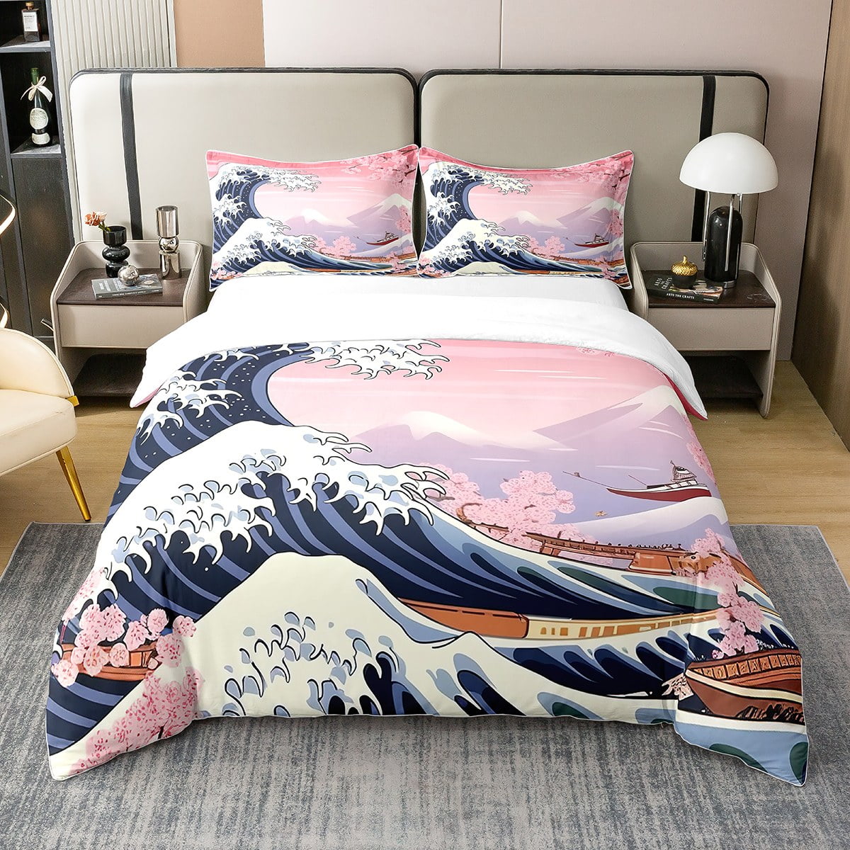 Erosebridal Japan Style Ocean Wave 100 Organic Cotton Duvet Cover,Pink