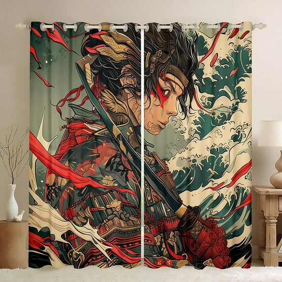 Japanese Samurai Curtains,Japanese Style Anime Curtains 30%-50% Blackout for Living Room Decor,Vintage Ocean Wave Curtains Oriental Asian Window Curtains 2 Panels 52"Wx63"L
