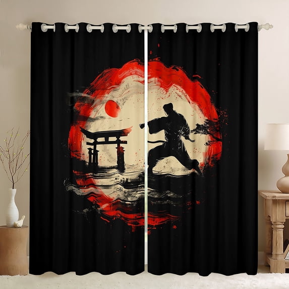 Japanese Samurai Curtains Men,Red and Black Japanese Style Curtains 30%-50% Blackout for Bedroom Decor,Oriental Asian Curtains Vintage Graffiti Window Curtains 2 Panels 52"Wx84"L
