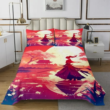 YST Japanese Samurai Twin Bedspread,Japanese Anime Style Quilt Bedding Set for Kids Boys Girls Room Decor,Cherry Blossom Lotus Flower Bed Set Oriental Asian Coverlet&nbsp;Set 2Pcs
