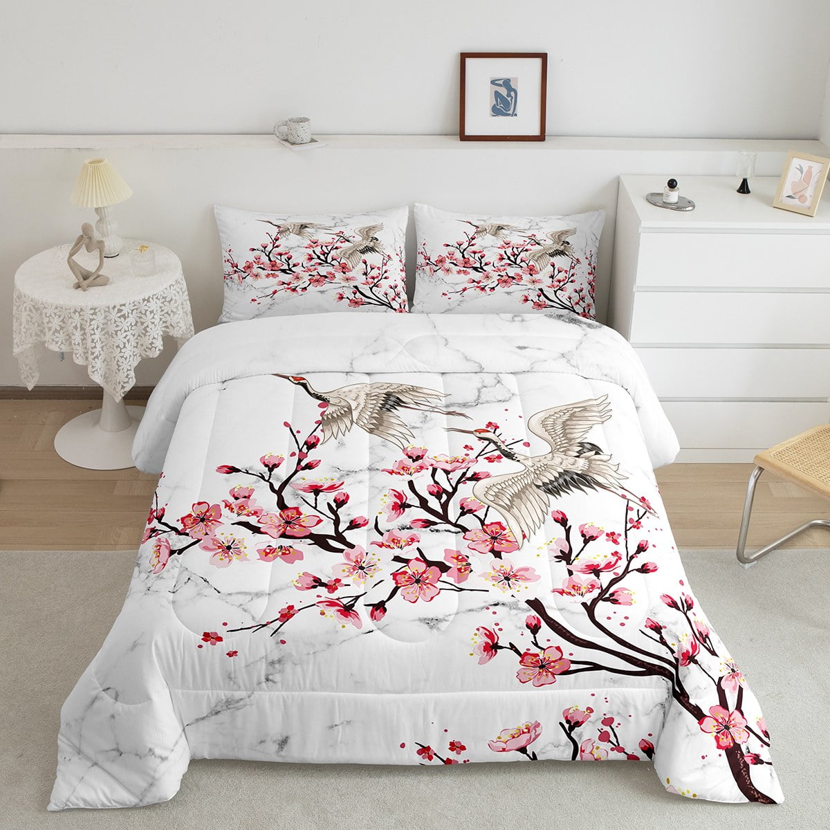 YST Japanese Style Bedding Set Queen Chic Cherry Blossom Comforter Set, Grey White Marble Down