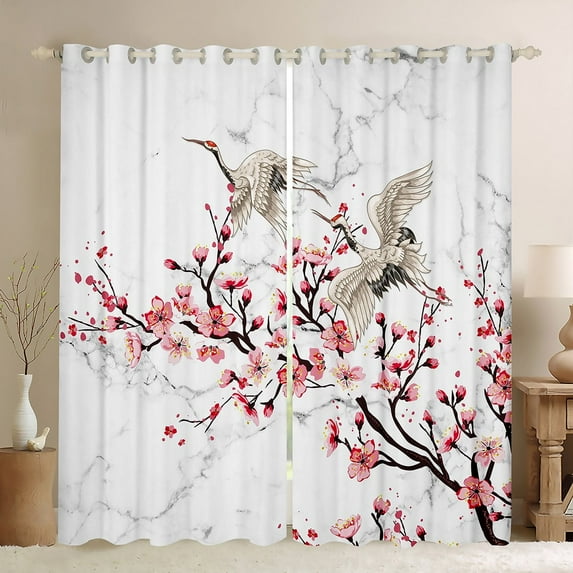 Japanese Style 30%-50% Blackout Curtains Chic Cherry Blossoms Curtains, Grey White Marble Curtains & Drapes Oriental Exotic Style Living Room Curtains, Wild Crane Window Curtains