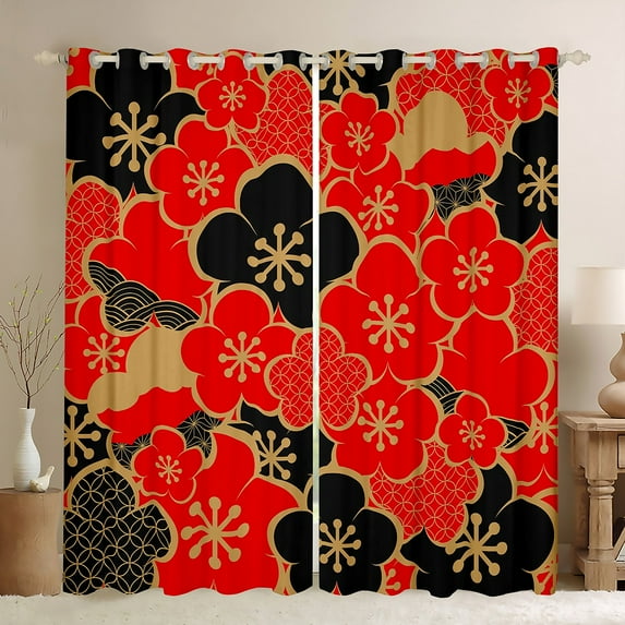Japanese-Style 30%-50% Blackout Curtains Women Cherry Blossoms Curtains & Drapes, Black and Red Curtains Girly Flower Floral Black Out Curtains, Exotic Oriental Window Drapes