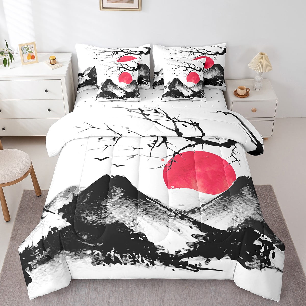Japanese Style Comforter Set Queen 7 Piece,Ink Painting Mount Fuji