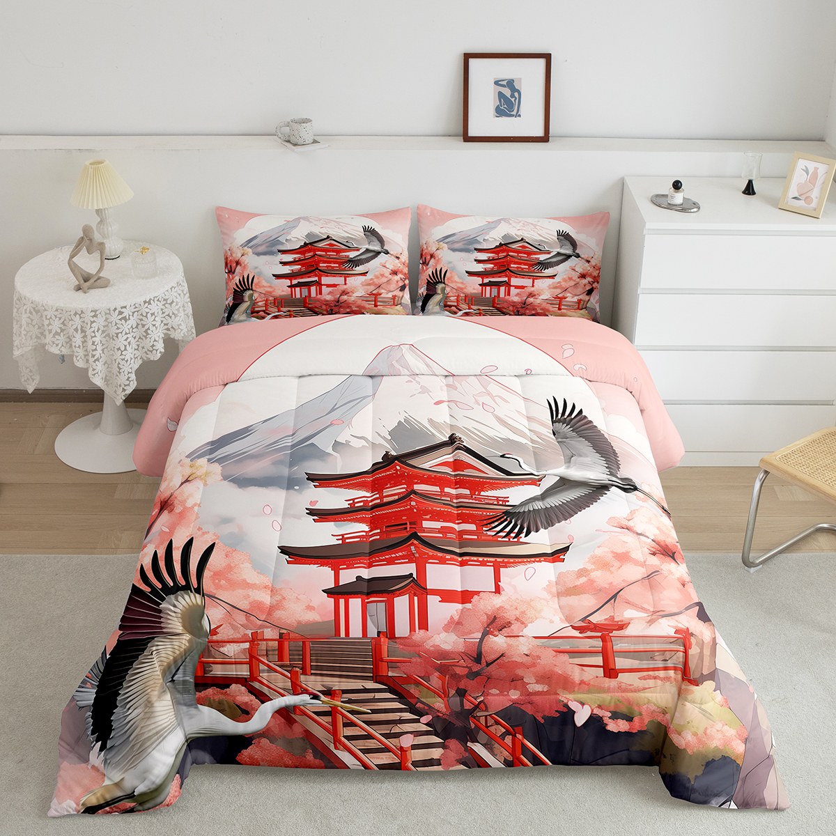 YST Japanese Style Comforter Set Queen Size,Cherry Blossoms Crane ...