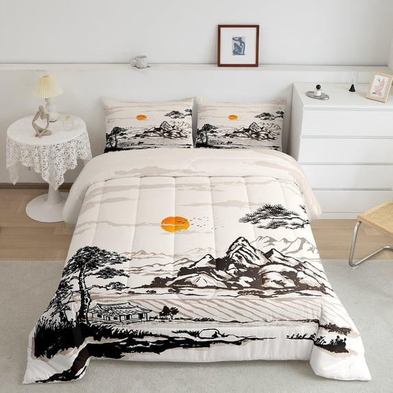 Japanese Style Comforter Set Queen Traditional Ink Painting Bedding Set, Country Mountain Tree Bedding Comforter Sets Exotic Oriental Style Duvet Sets, Black Beige Quilted Comforter 3pcs