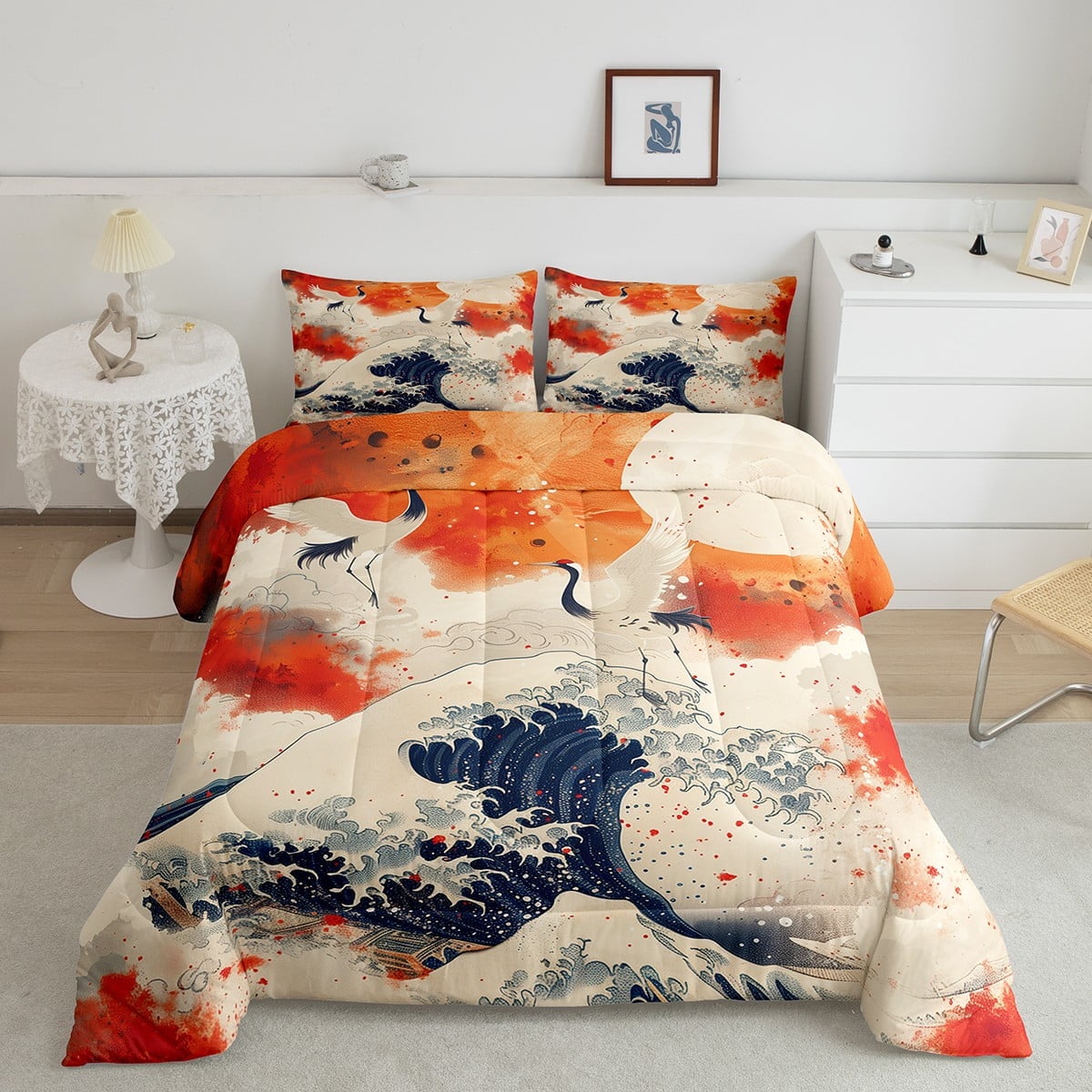 Japanese Style Comforter Set UkiyoE Themed Bedding Queen Size Crane