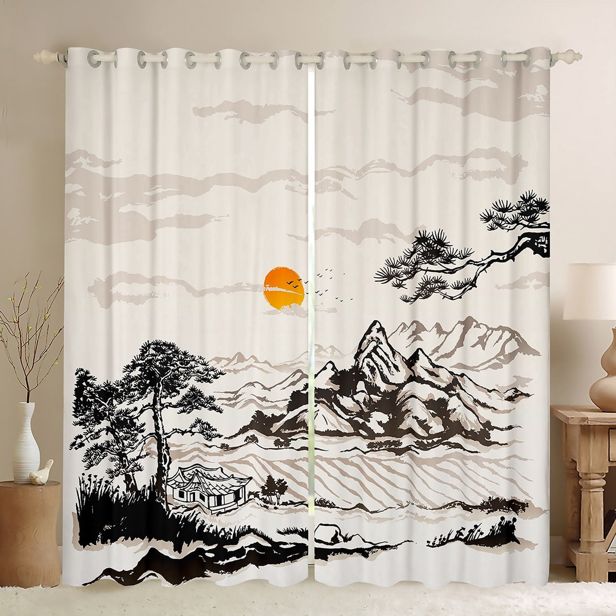 YST Japanese Style Curtains & Drapes Traditional Ink Painting Curtains