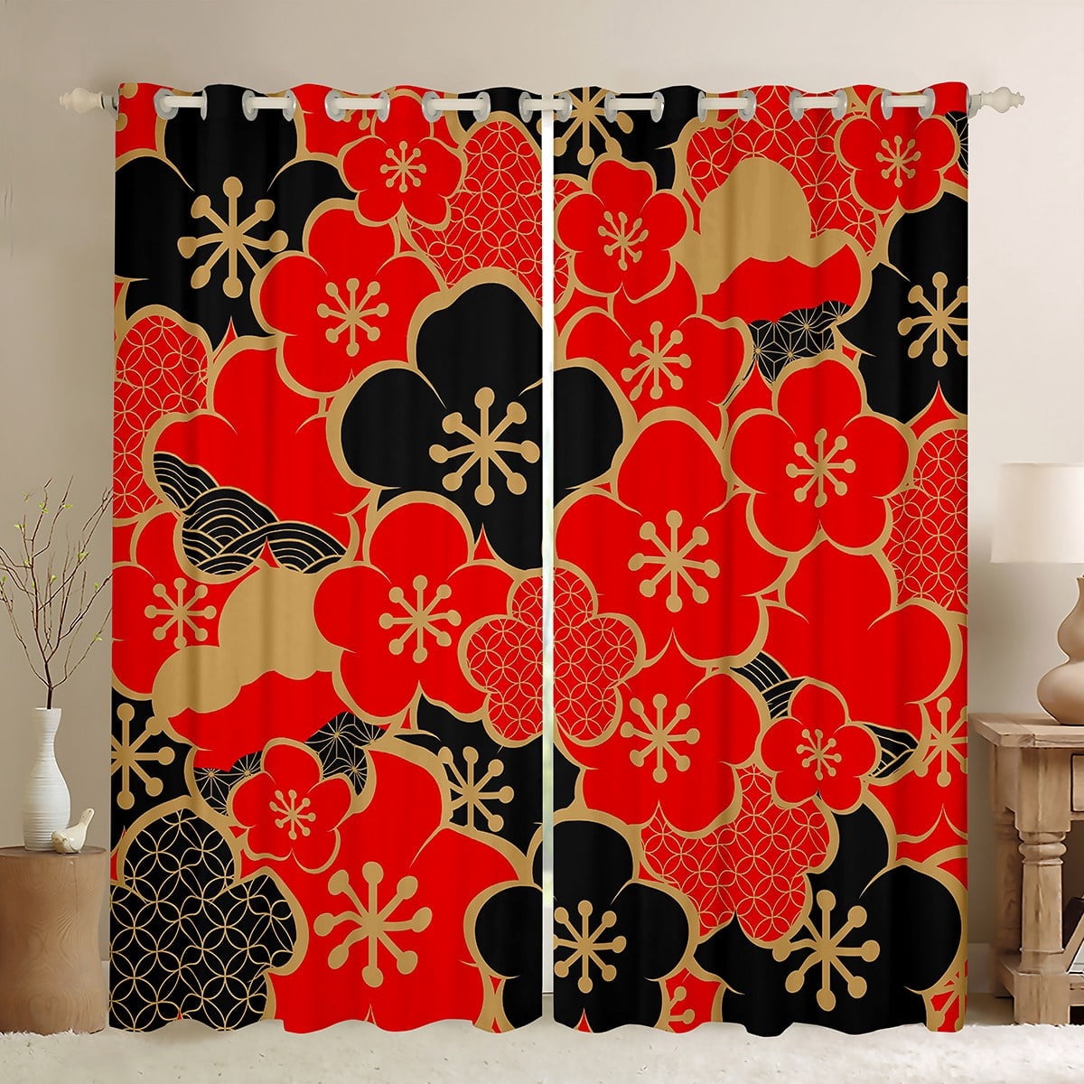 Japanese-Style Curtains Women Cherry Blossoms Curtains & Drapes, Black and Red 30%-50% Blackout Curtains Girly Flower Floral Bedroom Curtains, Exotic Oriental Window Treatments