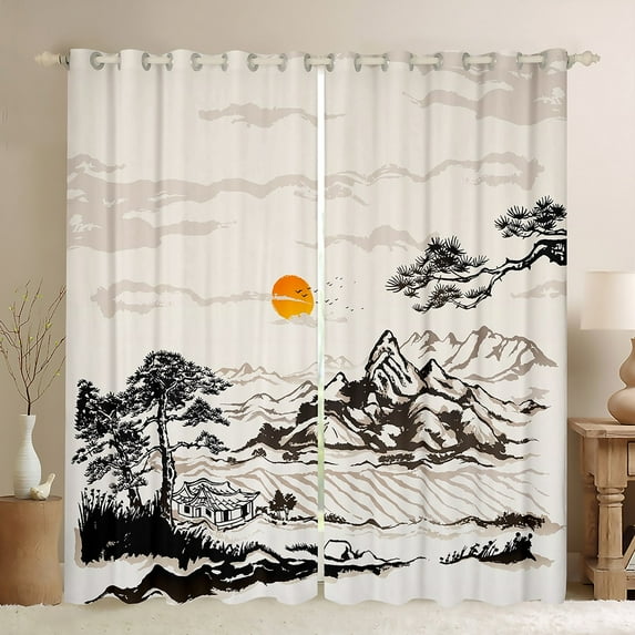 Erosebridal Japanese Style Curtains Traditional Ink Painting Curtains & Drapes, Country Mountain Tree Blackout Curtains Exotic Oriental Style Bedroom Curtains, Black Beige Window Treatments