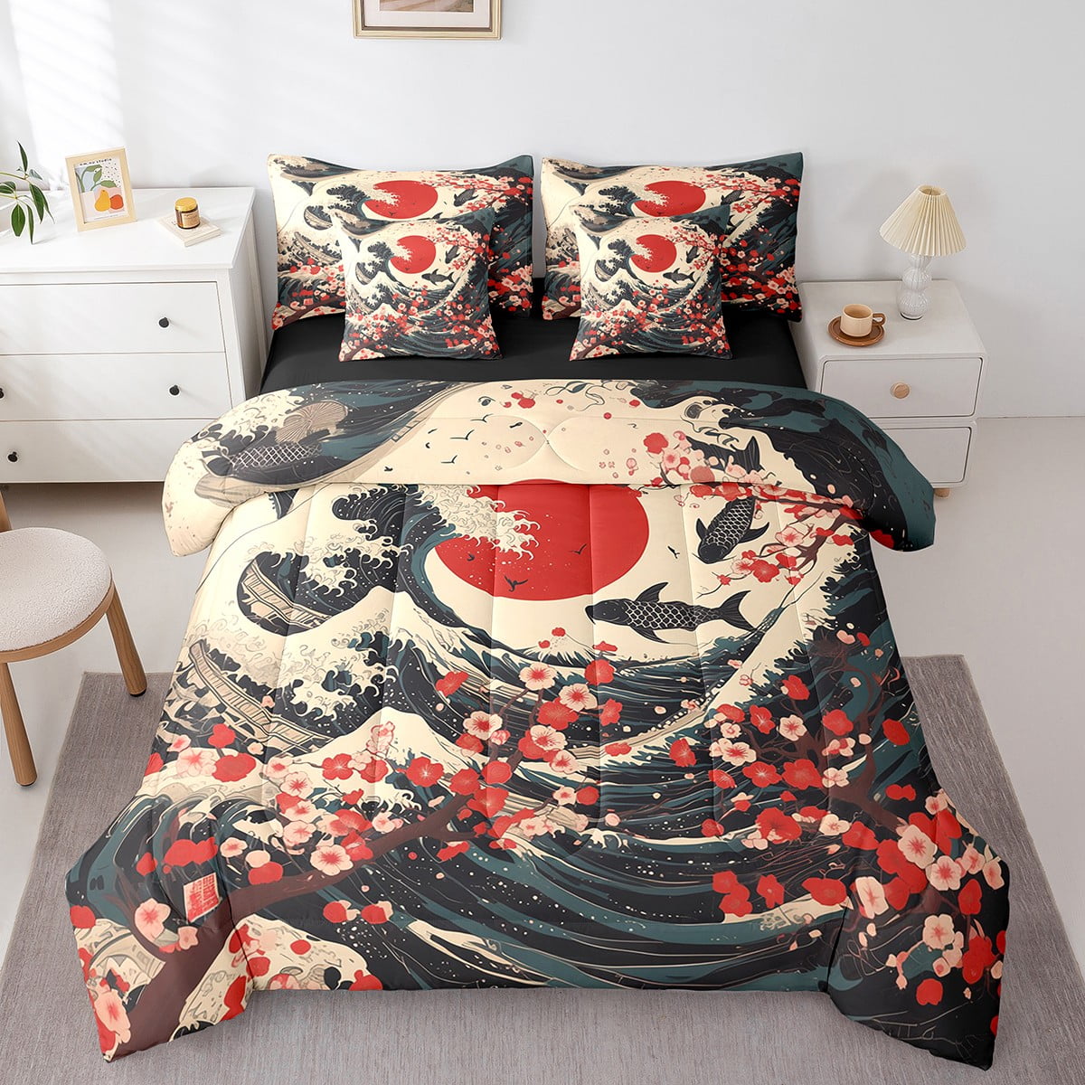 YST Japanese Ukiyo Theme Bed In A Bag 7 Piece Koi Fish Cherry Blossom