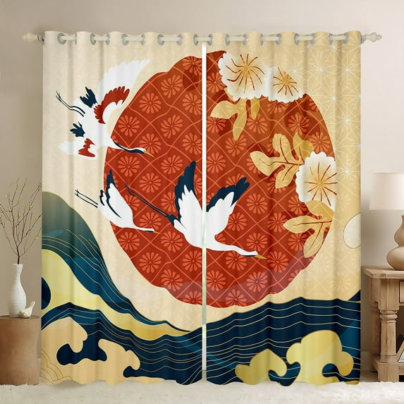 Erosebridal Japanese Ukiyoe Curtains White Crane Curtains & Drapes, Oriental Style Blackout Curtains Sakura Flower Bedroom Curtains, Wild Animal Window Treatments Abstract Wave Bedroom Decor