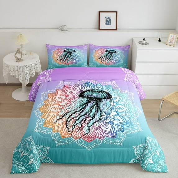 Erosebridal Jellyfish Comforter Set Full, Boho Flower Bedding, Colorful Mandala Ocean Animal Bedding Comforter Sets, Summer Exotic Ombre Geometric Duvet Insert, Blue Purple