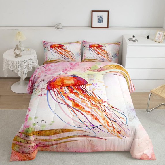 Jellyfish Comforter Set, Pink Cherry Blossoms Duvet Insert , Ombre 3D Jellyfish Bedding Sets King Size, Watercolor Sea Animals Bedding Comforter Sets Japanese Style