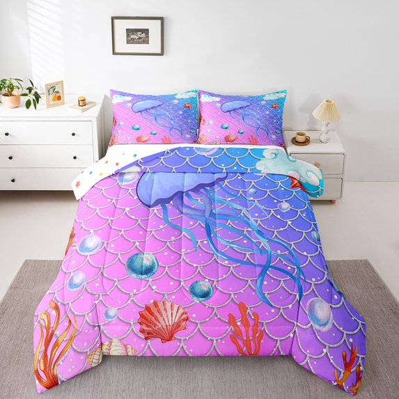 Jellyfish Comforter Sets Ocean Animal Bedding Glitter Mermaid Scale Comforter Set Kawaii Room Decor, Marine Life Cartoon Pearl Shell Duvet Set with 1 Pillowcase