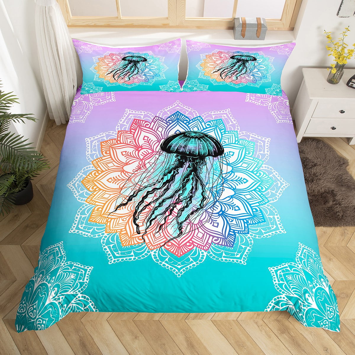 YST Jellyfish Duvet Cover Queen, Boho Flower Bedding Set for Kids Girls