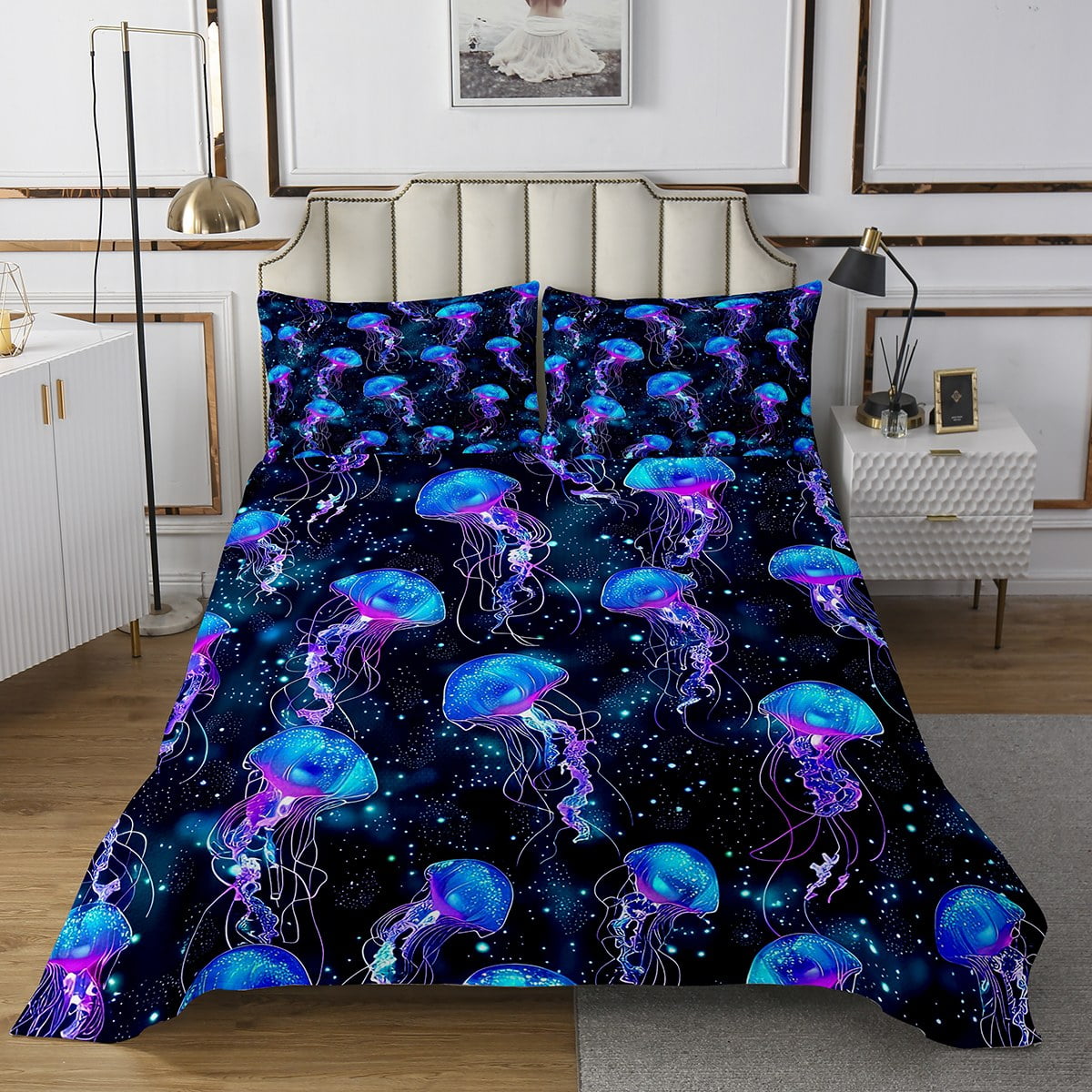 Jellyfish Quilt Set Queen Marine Life Bedspread Set Black Blue Neon ...
