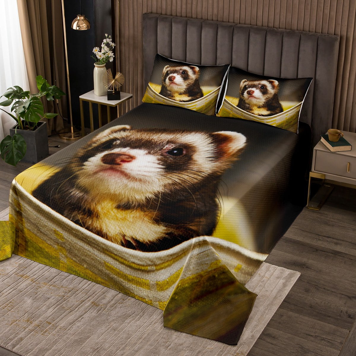 YST Kawaii Animal Coverlet King Size Lovely Ferret Bedding Set, Kids